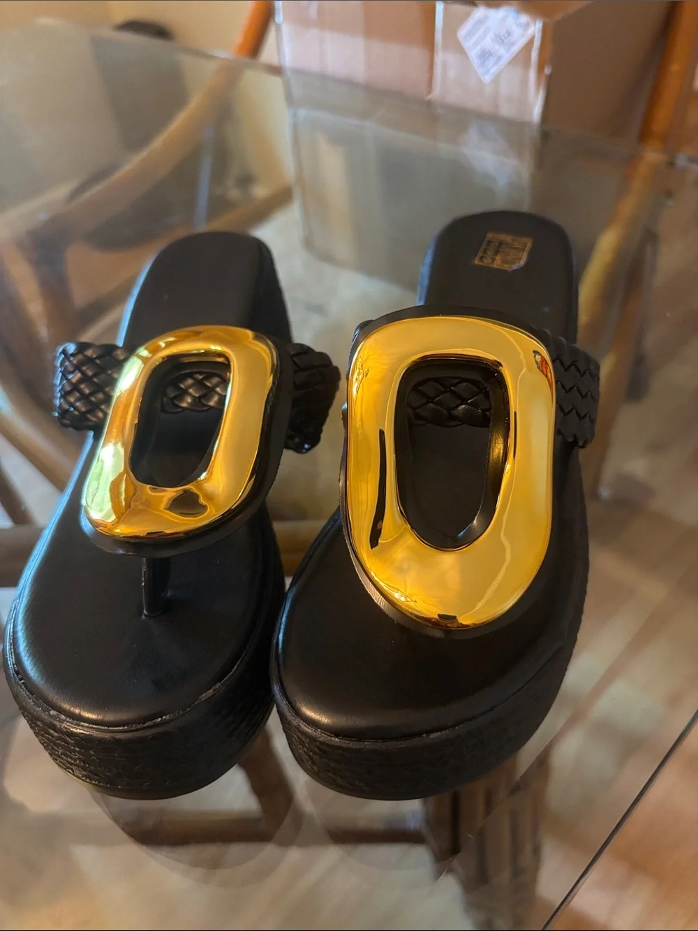 Black Platform Thong Sandals with Gold Accent